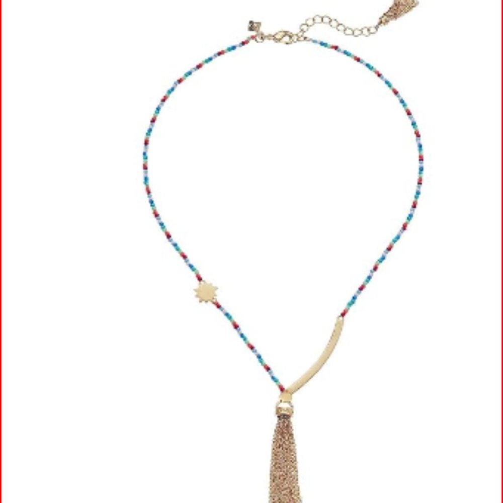 Candy-colored seed beads suspend brushed golden charms and a breezy chain tassel